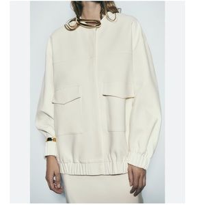 ZARA Long Patch Pocket Bomber Jacket in White